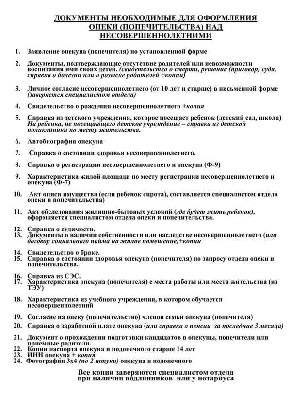 Перечень необходимых документов для оформления опекунства над несовершеннолетним ребенком