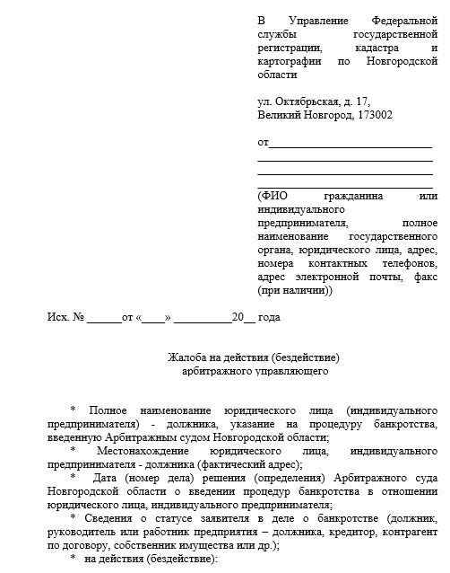 Жалоба на конкурсного управляющего в СРО, Росреестр, ФНС и арбитражный суд: образец документа