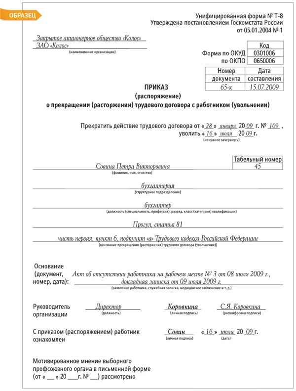 Форма приказа об увольнении за прогул 