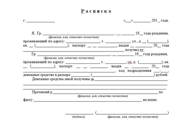 Расписка о передаче денежных средств 